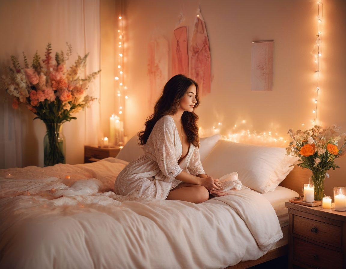 A serene and enchanting scene featuring a woman in a soft, cozy bedroom surrounded by flowers and candles, engaging in self-care and reflection. Soft, warm lighting enhances the sense of intimacy and empowerment, with symbols of feminine strength and pleasure subtly integrated into the decor. The atmosphere conveys tranquility and self-discovery, inviting viewers to explore their own intimate journeys. vibrant colors. soft focus. ethereal lighting.