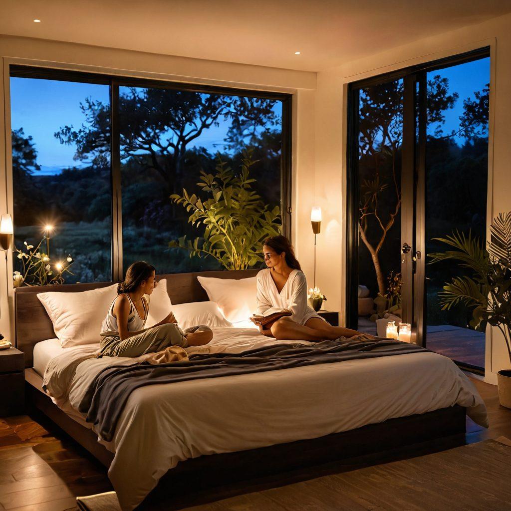 A serene and inviting bedroom setting featuring soft, warm lighting, with a couple comfortably engaged in a deep conversation, emphasizing connection and intimacy. Include elements like candles, plush pillows, and a gentle ambiance to evoke a sense of safety and trust. The background should subtly suggest nature, enhancing feelings of openness and wellness. super-realistic. vibrant colors. soft focus.