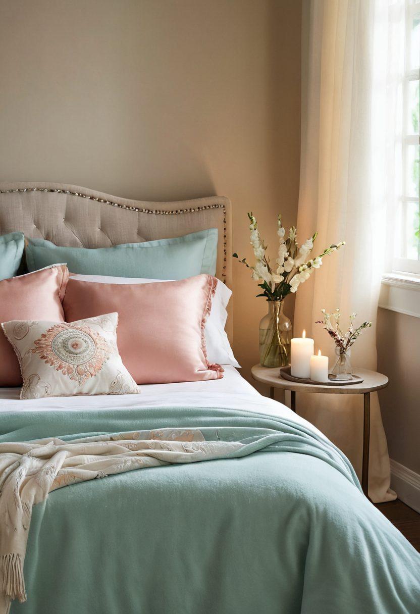 A serene, inviting bedroom setting with soft lighting, showcasing an array of tasteful pleasure products arranged artfully on a delicately embroidered fabric. Include elements of self-care such as candles, essential oils, and plush towels, creating an atmosphere of relaxation and intimacy. Emphasize warm, soothing colors to evoke feelings of comfort and empowerment in relationships. super-realistic. soft focus. vibrant colors.